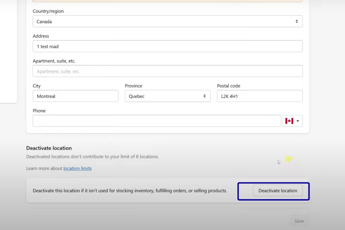 Modify location on Shopify